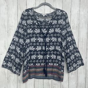 Katie's Kloset Elephant Print Boho V-Neck Flowy Lightweight Colorful Blouse XL